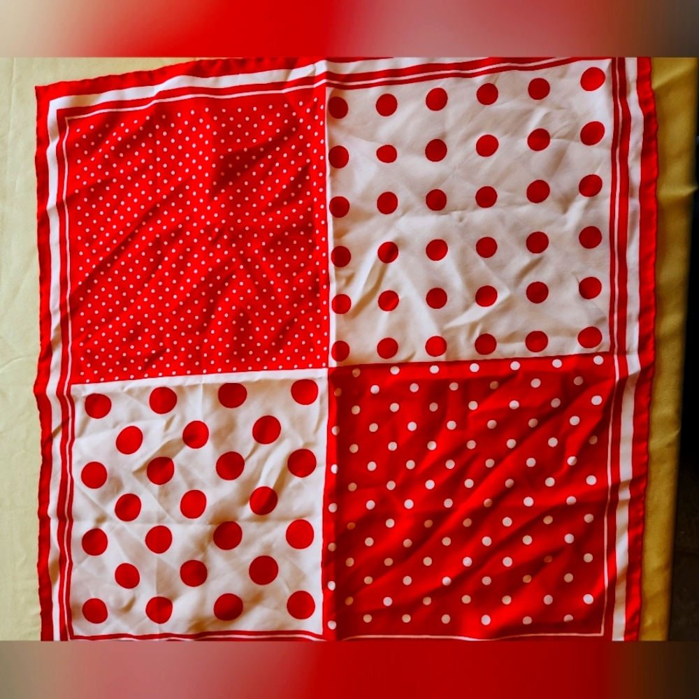 Basha 100% Silk Red  White Dots Vintage Scarf